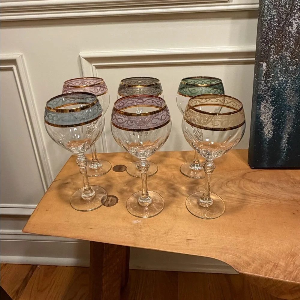 Exquisite Vintage Italian Crystal Wine Glasses by Fumo;‎ Set of 6